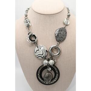 Chico's Statement Necklace Black White Lucite Wood Ring Silver Tone